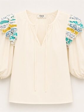 Sea New York Cream Peasant Blouse with Multicolor Floral Ruffle Shoulders